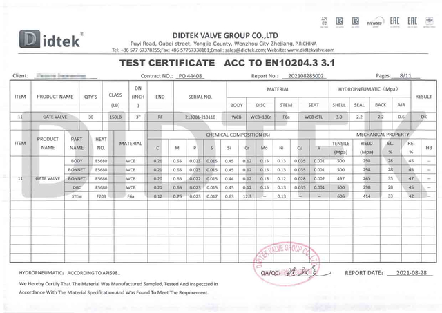 Gate Valve Test Certificate Acc To EN10204.3 3