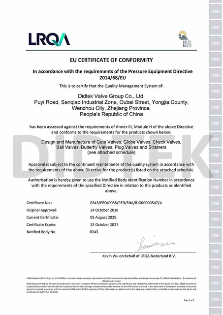 Didtek Lloyds Register LRV CE EU Certificate 0343 PED Model H 778