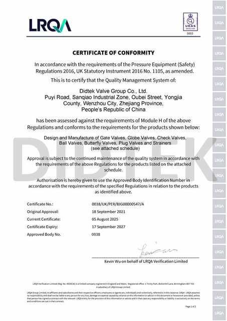 Didtek Lloyds Register LRV UKCA Certificate 0038 PED Model H 778