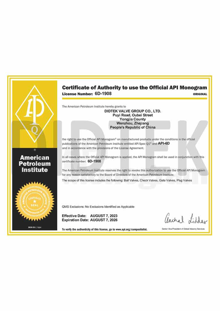 Didtek American Petroleum Institute API6D-1908 778